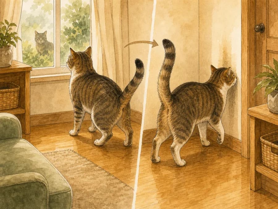 Male cat reacting to outdoor cat scent near a window