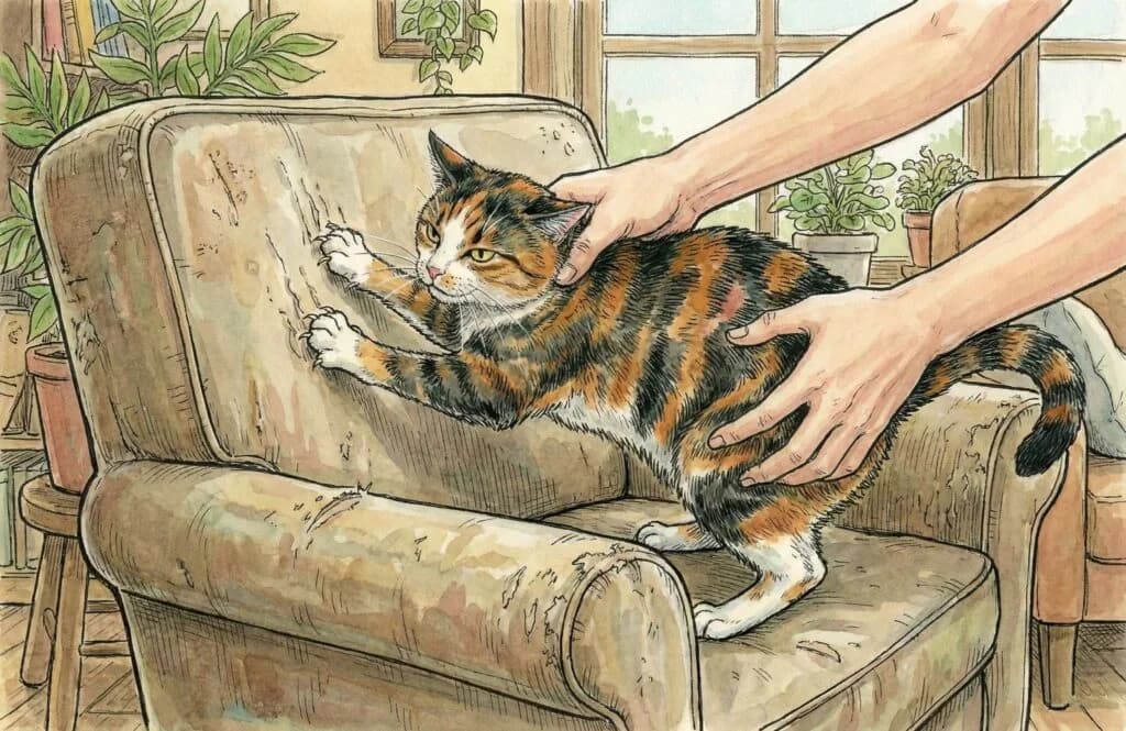 Close view of a cat digging claws into a sisal scratching post