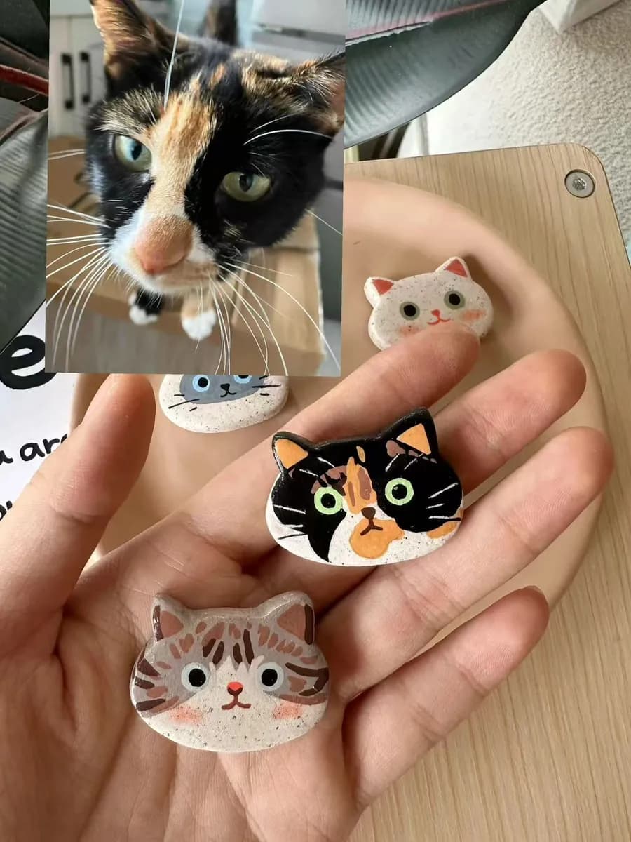 Custom Stone Plastic Clay Cat Head Fridge Magnet