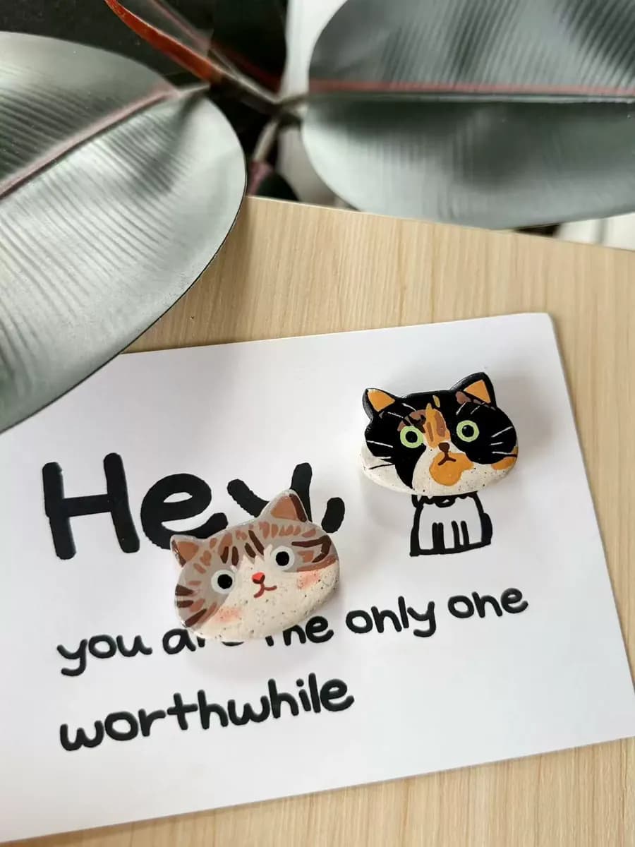 Custom Stone Plastic Clay Cat Head Fridge Magnet