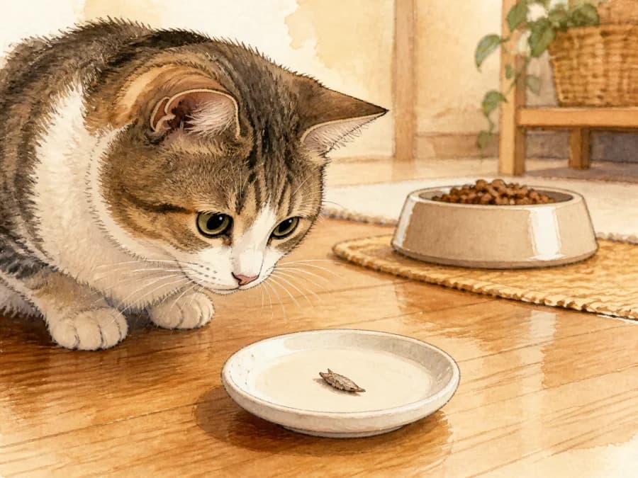 A cat watching a tiny broken piece of fish treat on a small plate, with the main meal separate