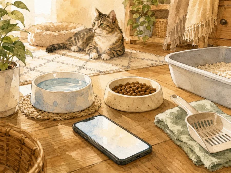 A phone showing a cat sitting update photo beside fresh water and a clean litter scoop
