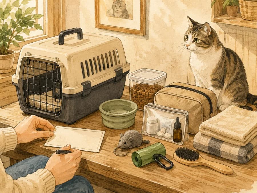 A cat carrier, vet contact card, and written emergency plan prepared before travel
