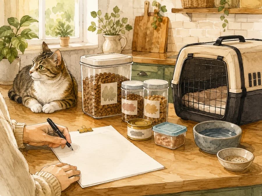 Written cat sitter instructions beside food containers, water bowls, and a carrier