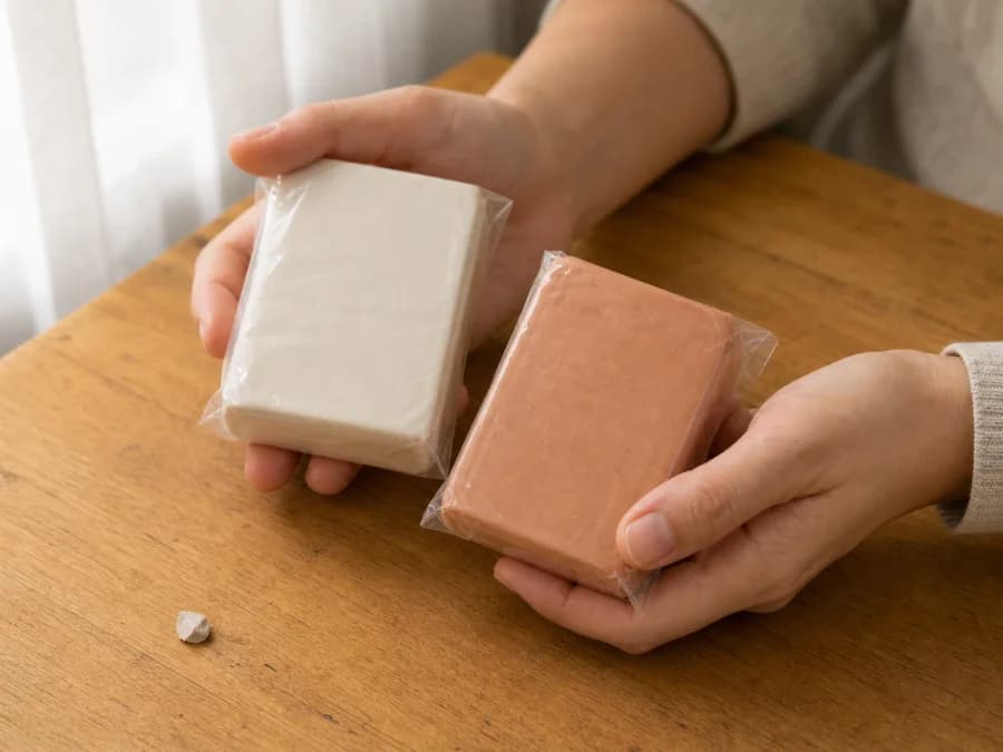 Hands comparing two plastic-wrapped clay blocks over a wooden craft table