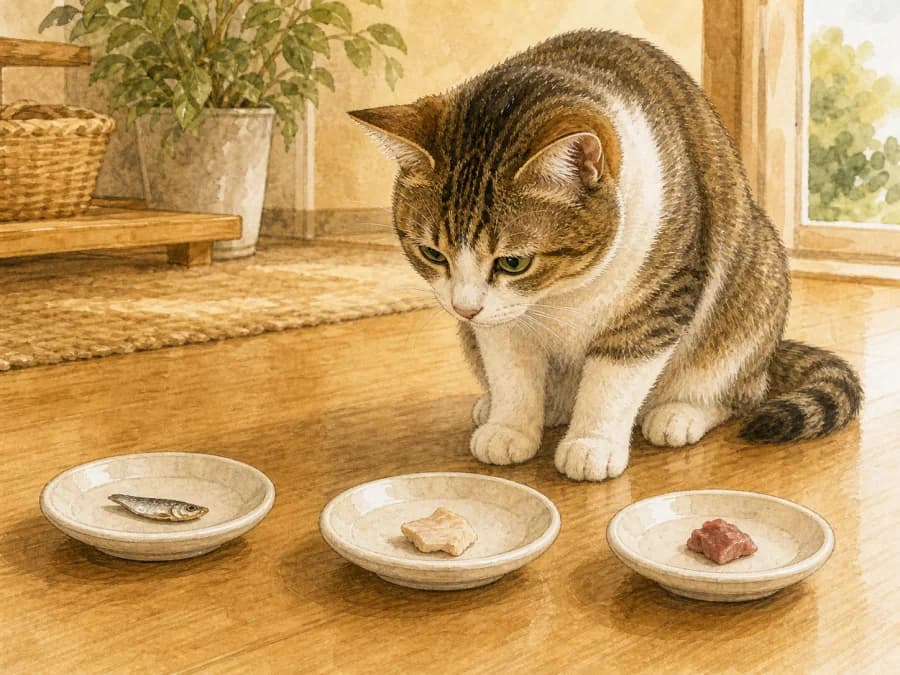 A cat choosing between small cat-safe protein treats with fish off to the side