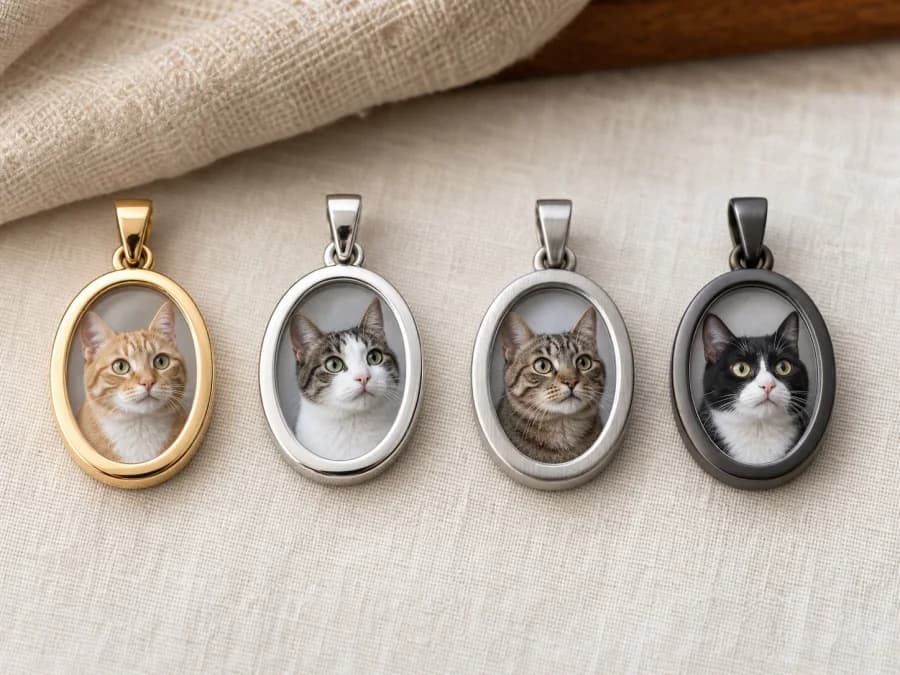 Four photo pendants in different metals lined up on a neutral linen surface