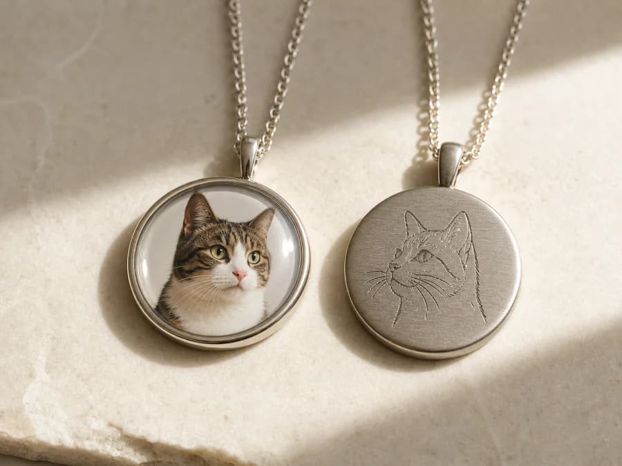 Side-by-side resin-dome photo pendant and etched line-art cat pendant on pale stone