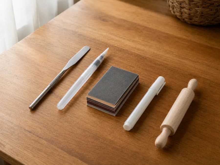 Small tidy set of clay tools arranged on a honey-wood craft desk