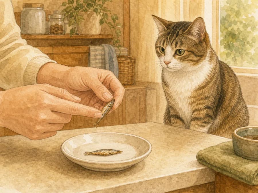 A careful dried fish treat check with a cat waiting nearby