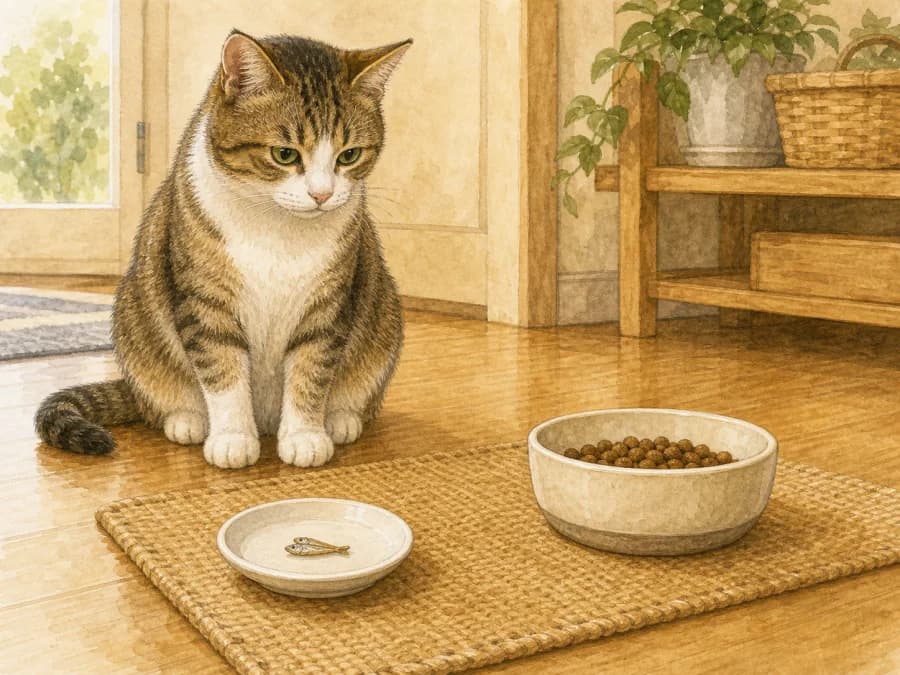 A tiny fish treat portion placed away from a cat's full meal
