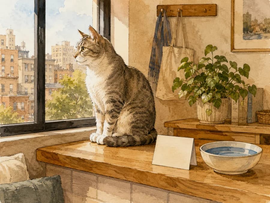 A calm cat sitting near a window while a note for the sitter rests on the counter