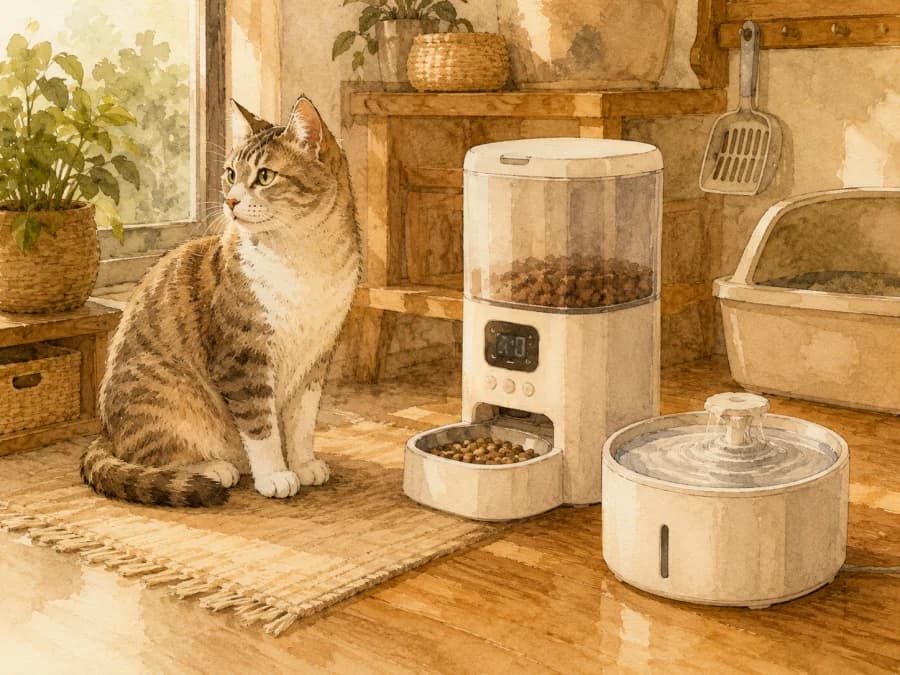 An automatic feeder and water fountain with a calm cat nearby, showing tools are not a full caregiver