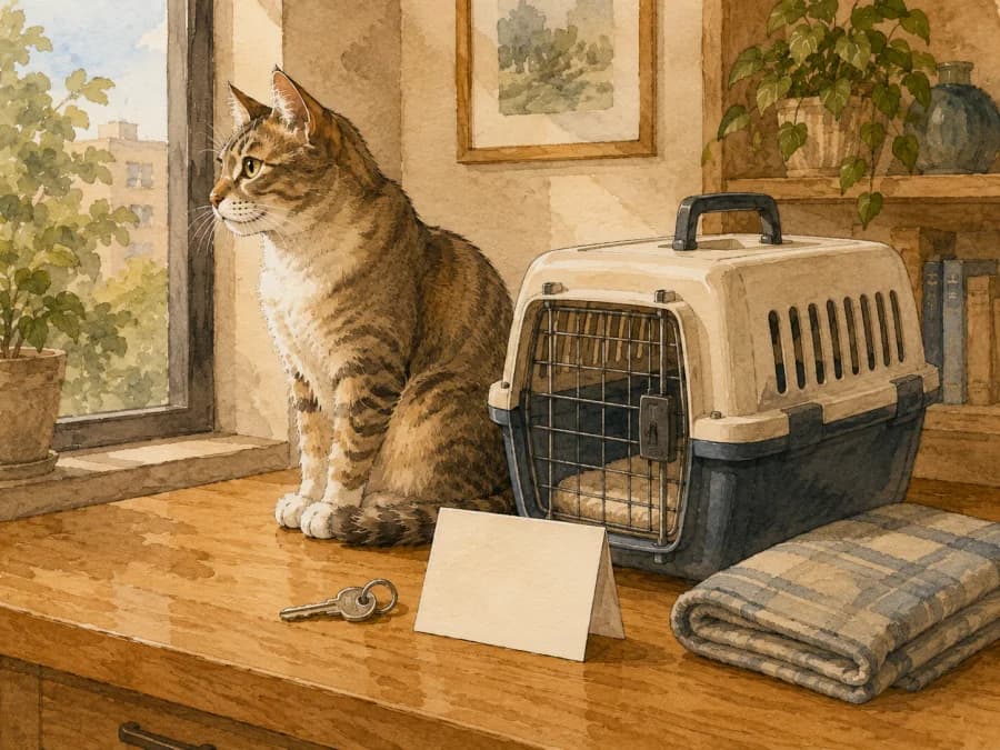 A backup contact note, spare key, and cat carrier prepared on a counter before a trip