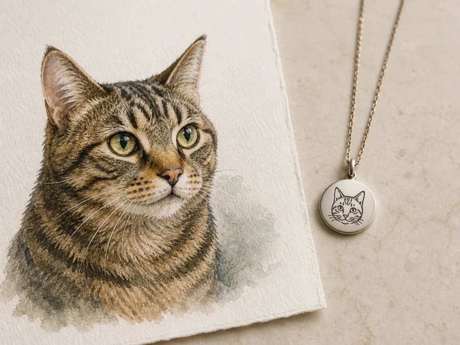 Detailed tabby illustration next to the same cat simplified as a small metal pendant
