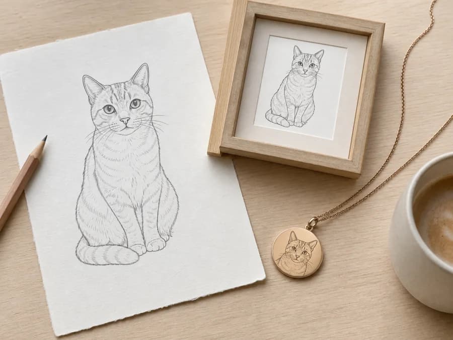 Desk flat-lay with a line-art proof, a small framed print, and an engraved pendant