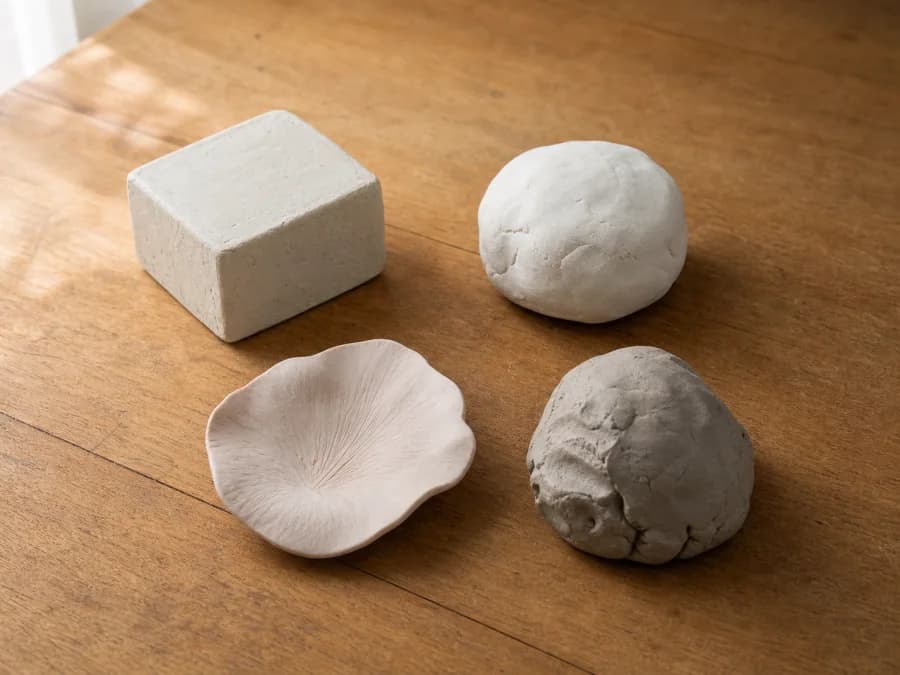 Four different clay samples arranged for comparison on a craft table