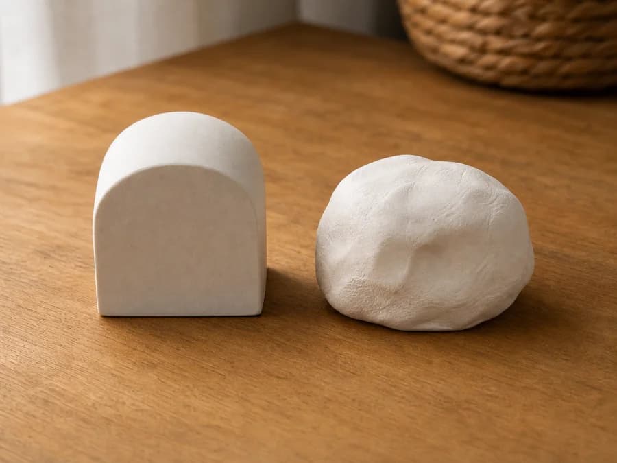 Sanded hard clay blank beside a soft lightweight clay shape on the same desk