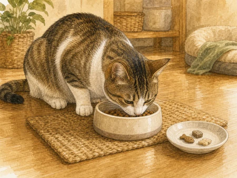 A cat eating kibble while ignoring a few treats nearby