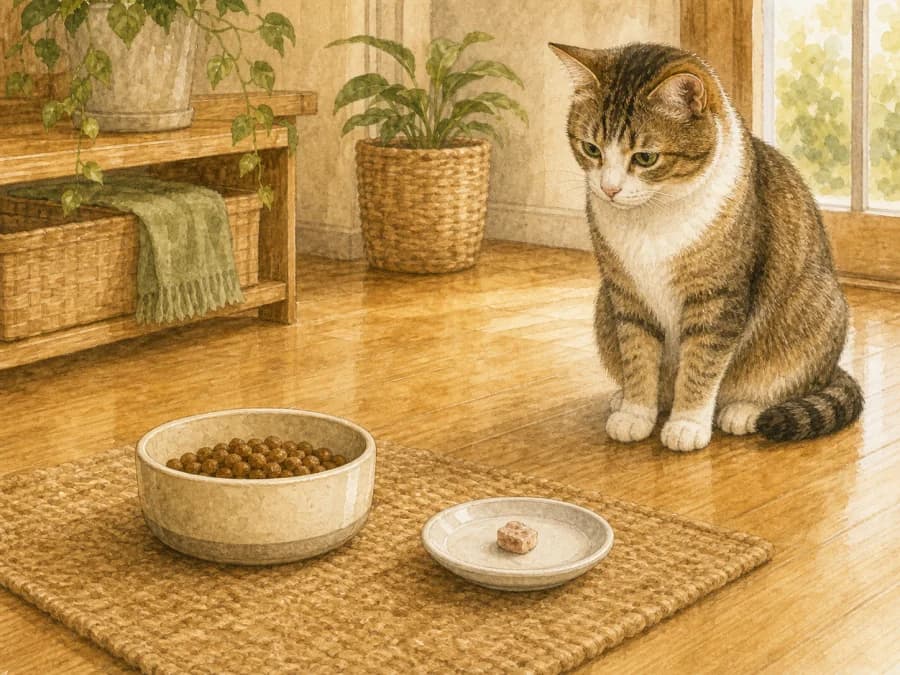 A small new-food test plate placed separately from a cat's regular kibble