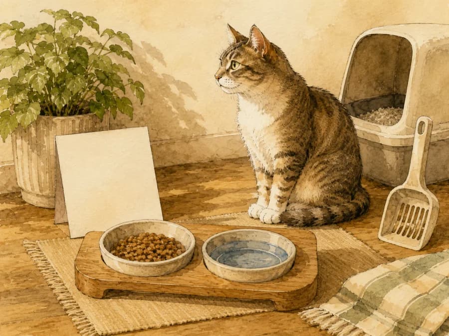 A printed cat feeding checklist beside bowls, litter scoop, and a calm cat