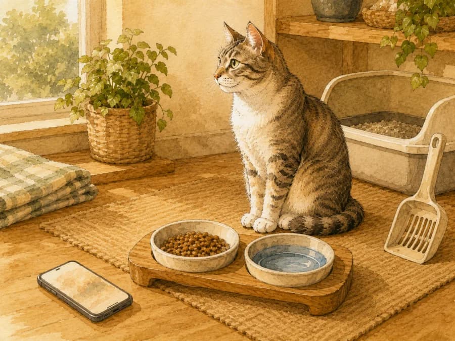 A phone beside clean cat bowls showing a completed sitter update without readable text