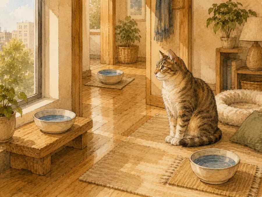 Multiple clean water bowls set in different safe spots for a cat during a sitter visit