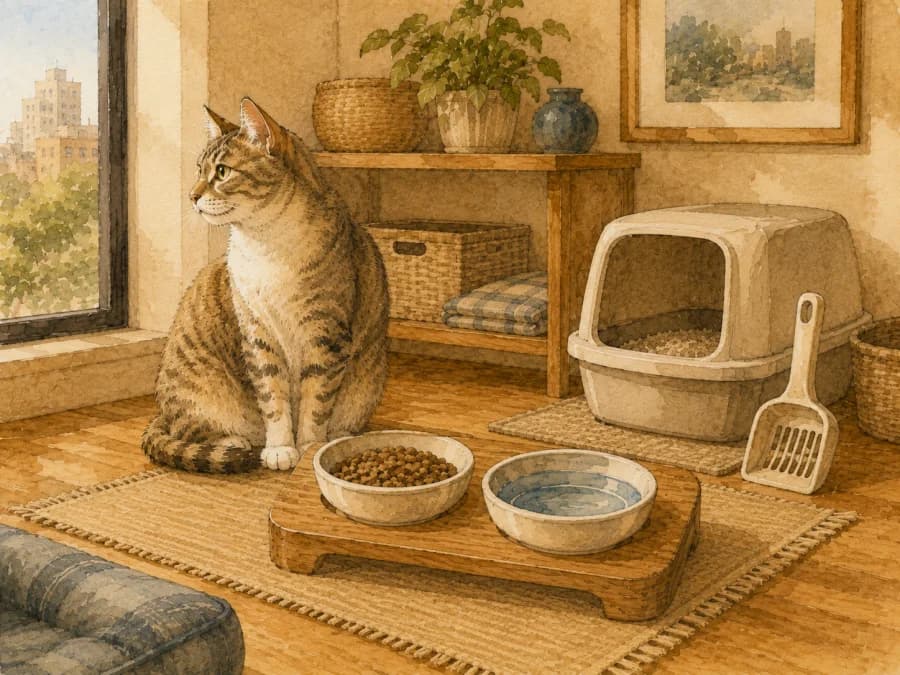 A completed cat care visit scene with refreshed bowls, clean litter tools, and a calm cat nearby