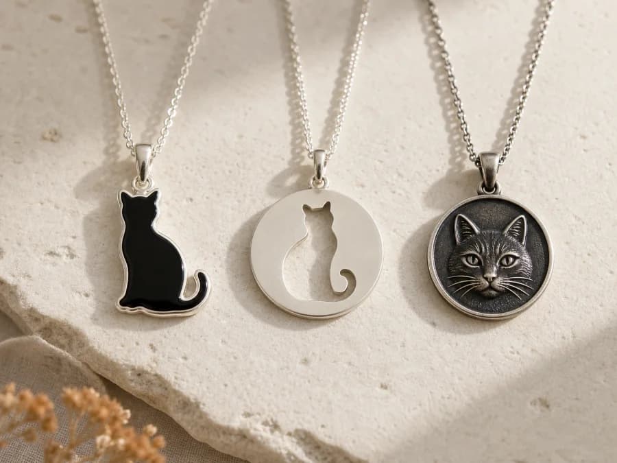 Three black cat pendants side by side: enamel silhouette, cutout, and oxidized silver