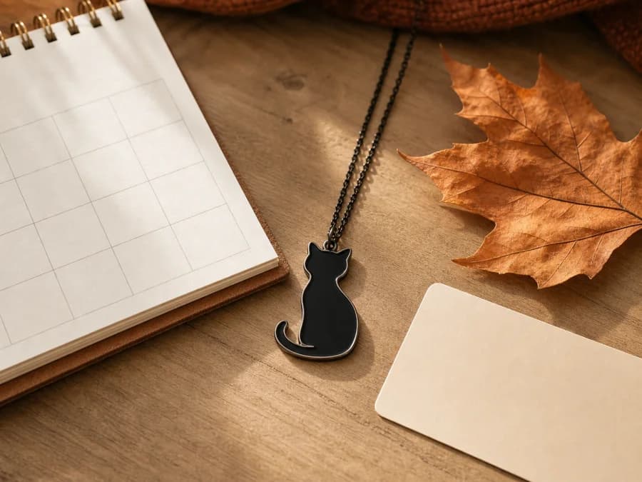 Autumn desk with a black cat silhouette pendant, calendar page, and gift card