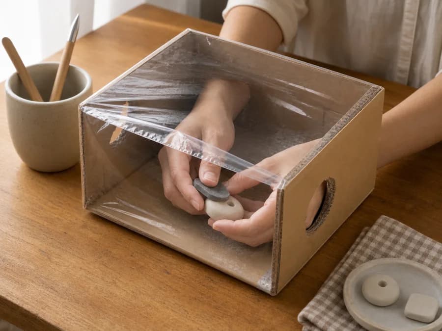 Cardboard sanding box with arm holes and a clear plastic-film top
