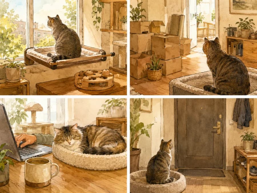 A cat using a window perch and puzzle feeder while the home feels calm