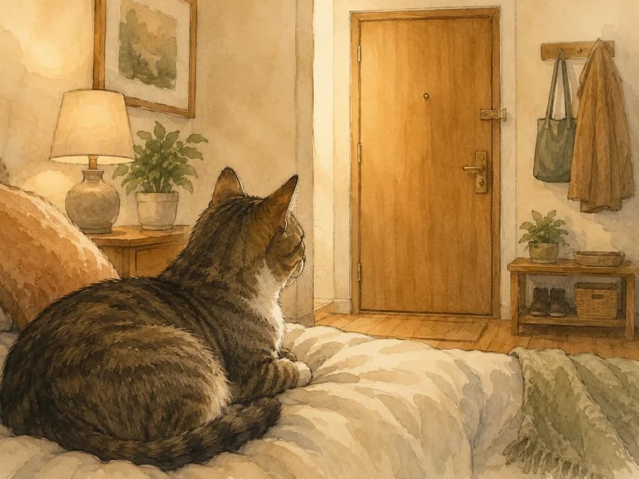 A cat watching moving boxes and a changed home routine from a safe perch