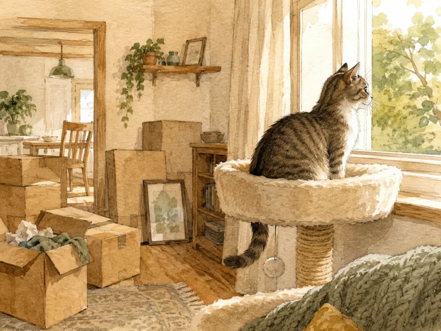 A cat calmly settling in its own bed near a person instead of demanding attention