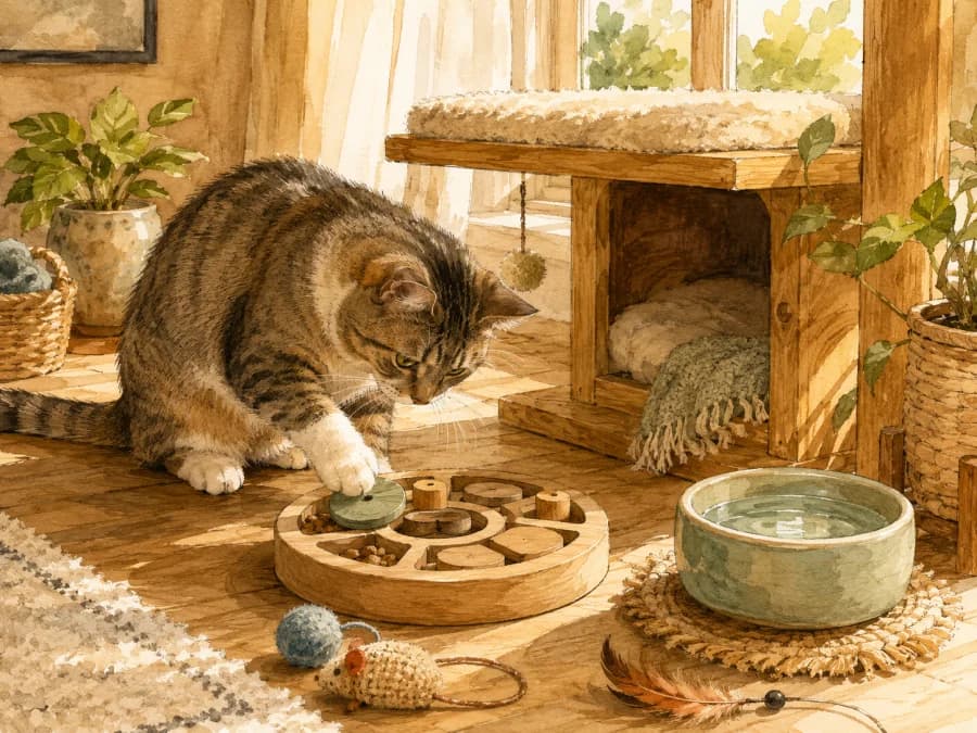 A cat using a puzzle feeder near a window perch during a calm alone-time routine