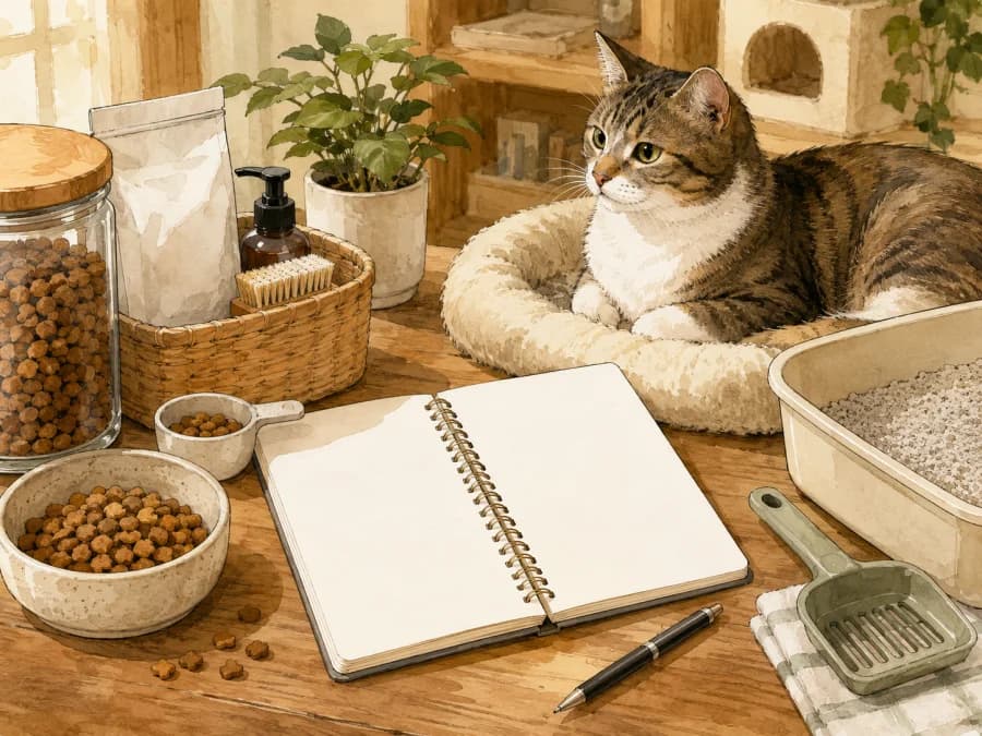 A simple notebook tracking a cat's eating, litter, and alone-time behavior with a calm cat nearby