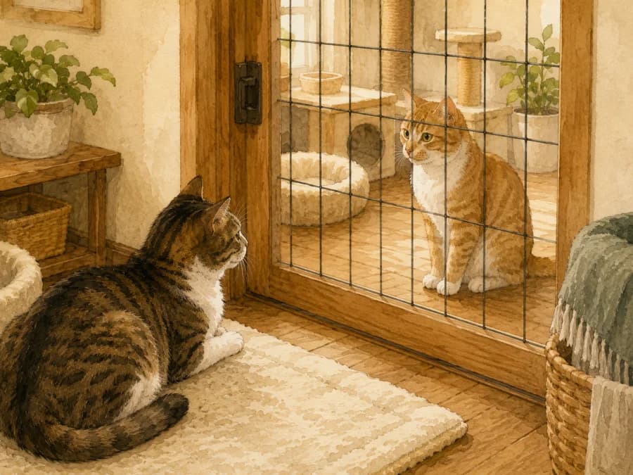 Two cats calmly separated in different spaces, showing a cautious approach to adding another cat