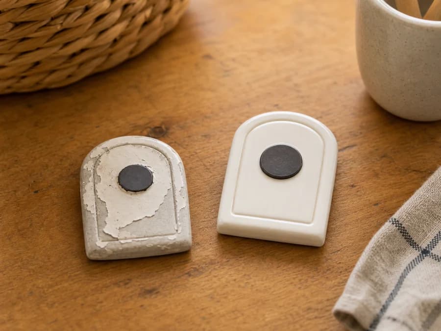 Peeling paint on a clay charm next to a neatly sealed glossy magnet