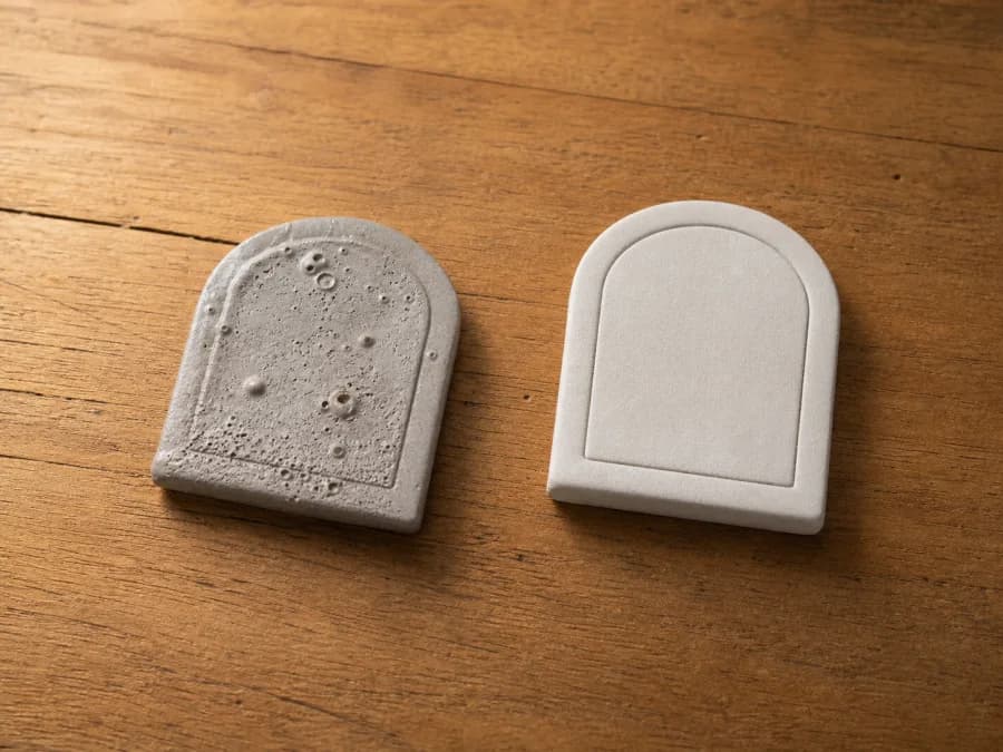 Blistered silver clay failure next to a fully dried successful blank