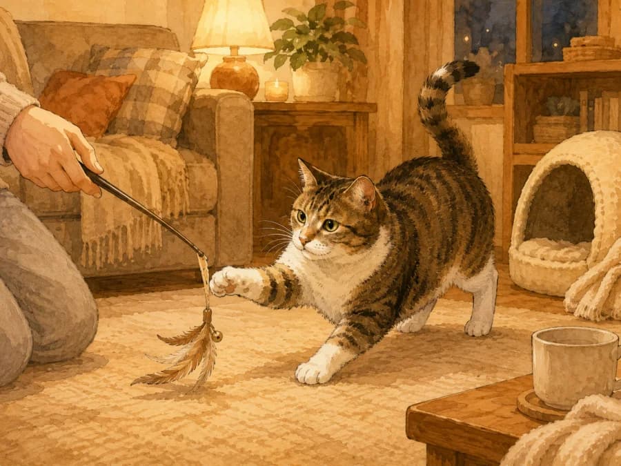 A cat playing with a wand toy in the evening before bedtime