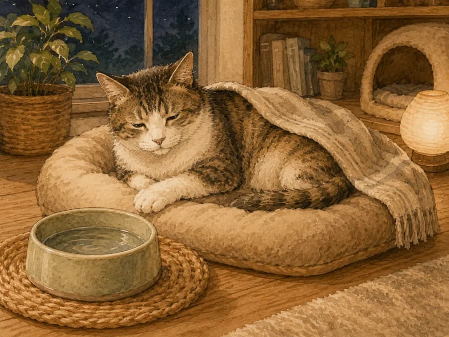 A senior cat resting at night near a water bowl while the room stays softly lit
