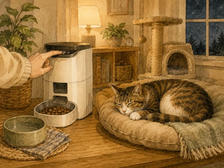 A timed feeder set up for early morning with a cat resting nearby at night