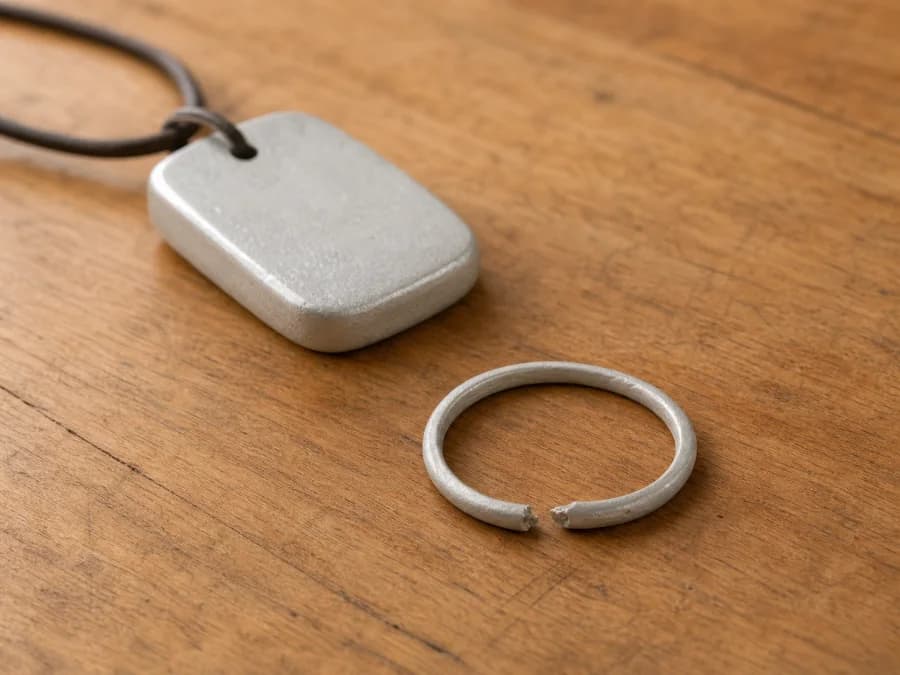 Broken thin silver clay ring beside a thicker sturdier pendant