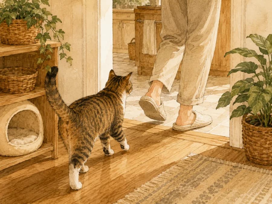 A cat calmly following a person from room to room without showing the person's face