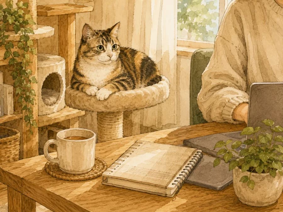 A cat settling on a nearby perch while a person works at a desk out of frame