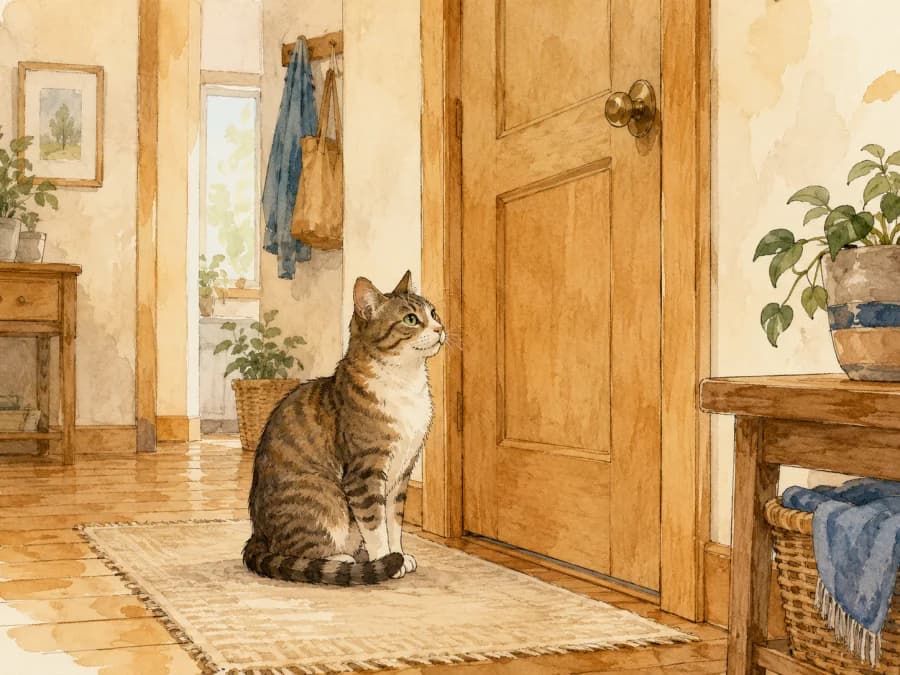 A cat calmly waiting near a closed door during short door practice