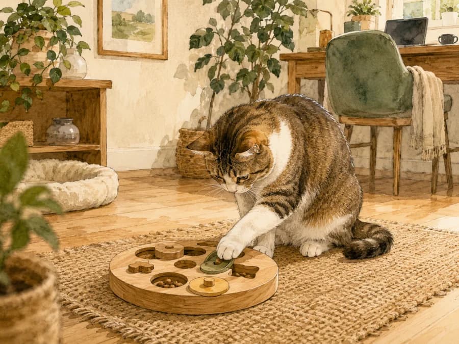 A cat using a puzzle feeder away from a desk to practice calm independence