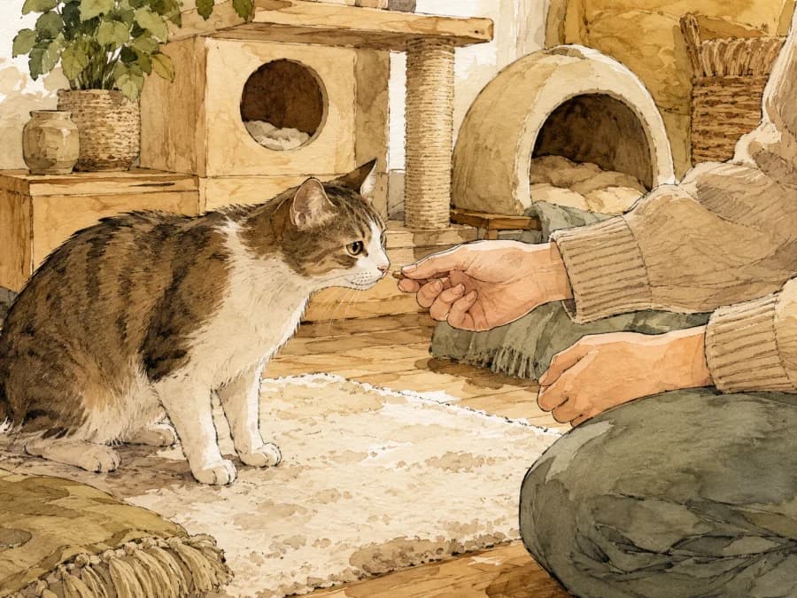 An adult cat accepting a treat near a seated person without showing the person's face