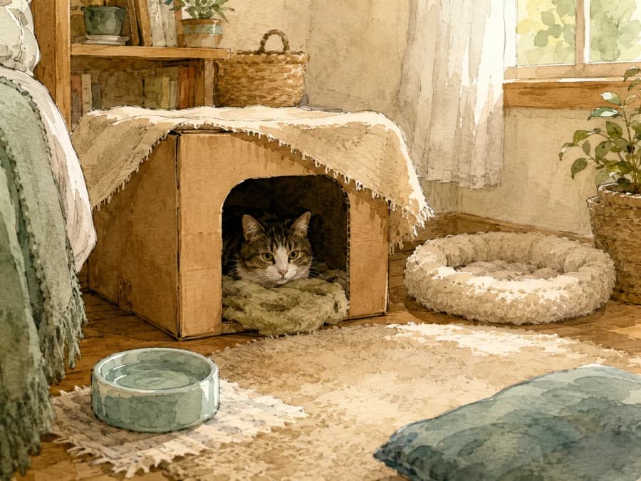 An adult cat hiding calmly in a cozy starter room during the first week after adoption