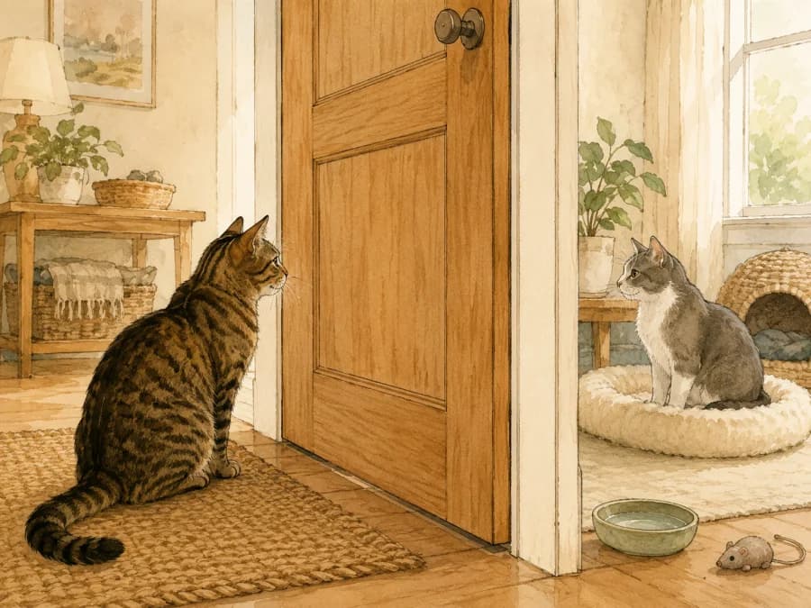 An adult newly adopted cat and resident cat calmly separated by a door during introduction